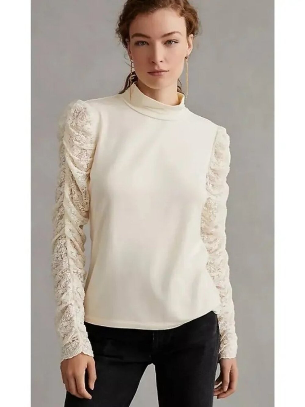 Anthropologie Maeve Ivory Ruched Lace Mock Neck Sleeve Blouse Victorian Size XL